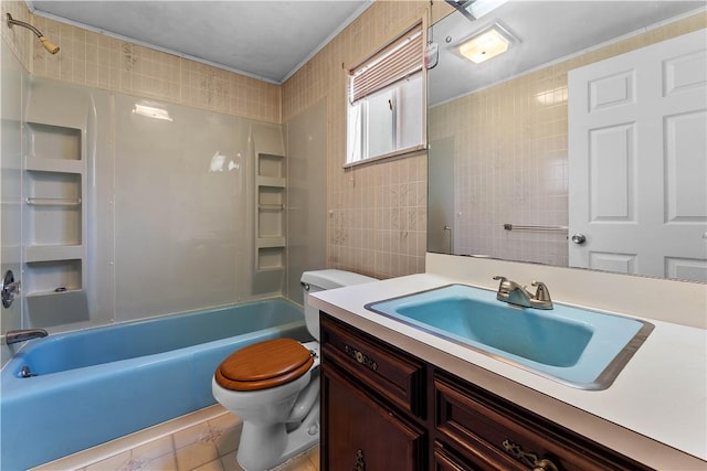 154 Burke Rd, Wharton Twp, PA 15437 - bathroom featuring tile walls, tile patterned floors, vanity, and shower / tub combination