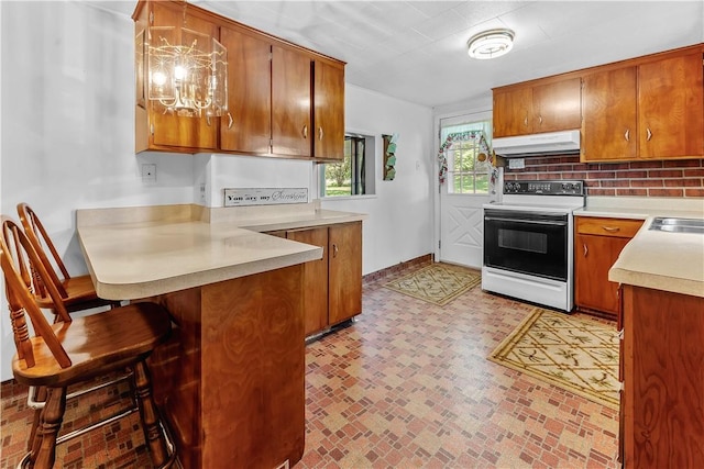 154 Burke Rd, Wharton Twp, PA 15437 - kitchen featuring range with electric cooktop, under cabinet range hood, a peninsula, light countertops, and brown cabinets