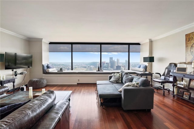 1 Trimont Ln Unit 620B, Mt Washington, PA 15211 - living room featuring ornamental molding, dark wood finished floors, healthy amount of natural light, and a city view