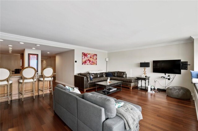 1 Trimont Ln Unit 620B, Mt Washington, PA 15211 - living room featuring dark wood-type flooring, ornamental molding, and recessed lighting