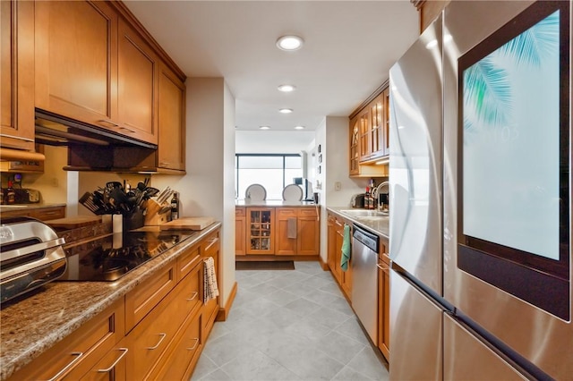1 Trimont Ln Unit 620B, Mt Washington, PA 15211 - kitchen featuring appliances with stainless steel finishes, brown cabinets, under cabinet range hood, glass insert cabinets, and light stone counters