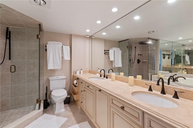 1 Trimont Ln Unit 620B, Mt Washington, PA 15211 - full bathroom featuring a stall shower, double vanity, recessed lighting, and tile patterned flooring