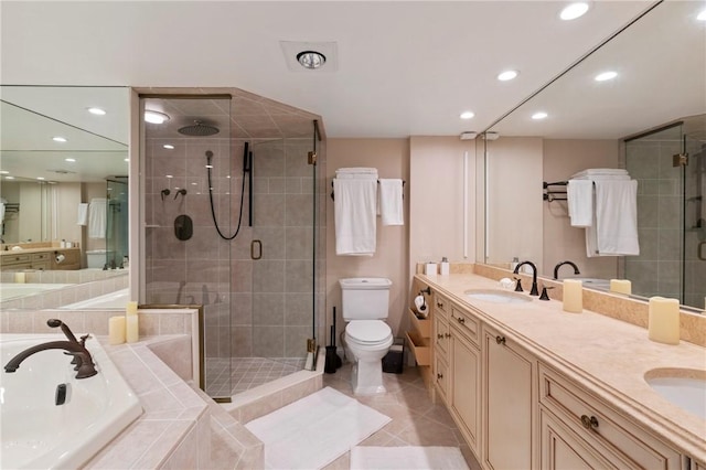 1 Trimont Ln Unit 620B, Mt Washington, PA 15211 - full bathroom featuring a stall shower, double vanity, a garden tub, recessed lighting, and tile patterned floors