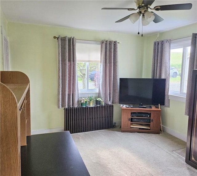 169 Fergus Rd, Slippery Rock Twp But, PA 16057 - living room with radiator heating unit, ceiling fan, and carpet floors