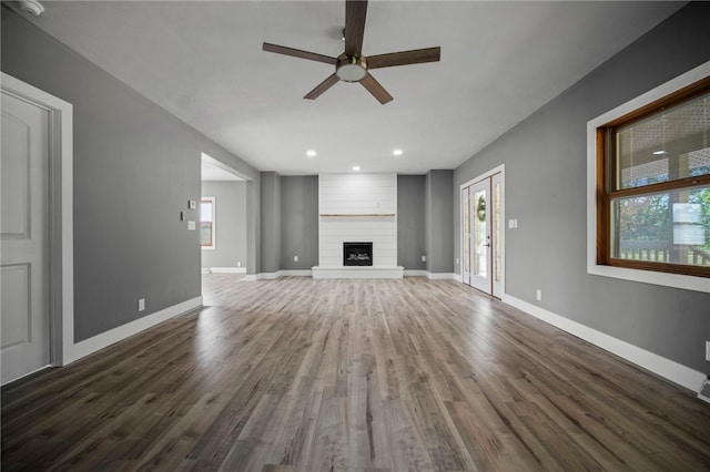 736 Shenango Stop Rd, Shenango Twp Law, PA 16101 - unfurnished living room featuring a ceiling fan, wood finished floors, recessed lighting, and a large fireplace