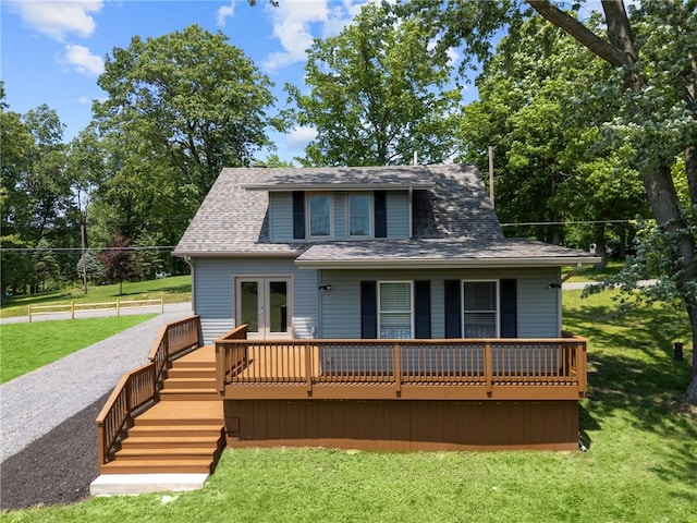 736 Shenango Stop Rd, Shenango Twp Law, PA 16101 - view of front of house featuring french doors, a front yard, roof with shingles, and a wooden deck