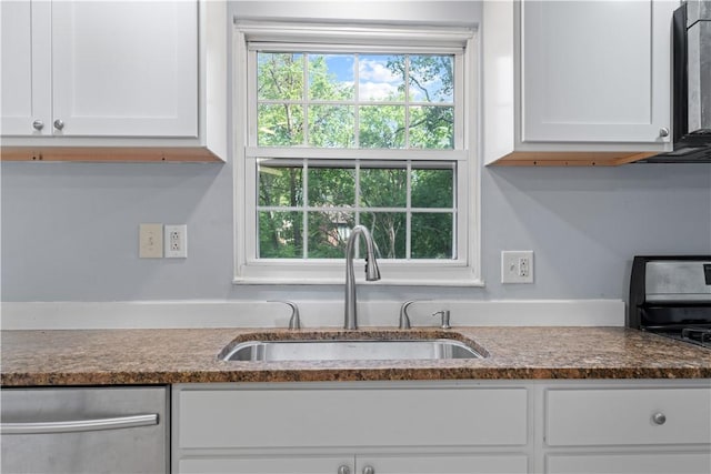 320 Penn Lear Ct, Monroeville, PA 15146 - kitchen featuring appliances with stainless steel finishes, white cabinetry, and dark stone countertops