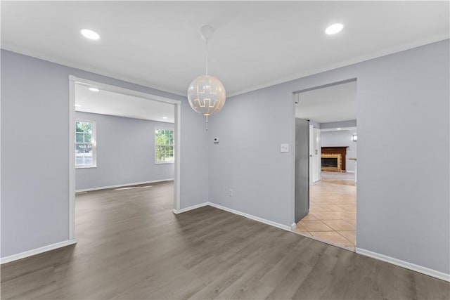 320 Penn Lear Ct, Monroeville, PA 15146 - unfurnished room featuring wood finished floors, recessed lighting, a chandelier, and a brick fireplace