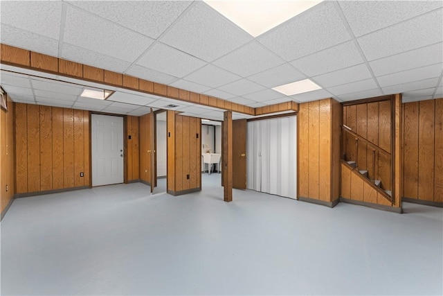 320 Penn Lear Ct, Monroeville, PA 15146 - finished basement featuring a drop ceiling, stairs, and wooden walls