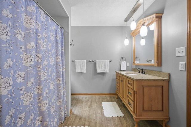 3004 Woodfield Dr, Hopewell Twp Bea, PA 15001 - full bath with wood finished floors, vanity, and a shower with curtain