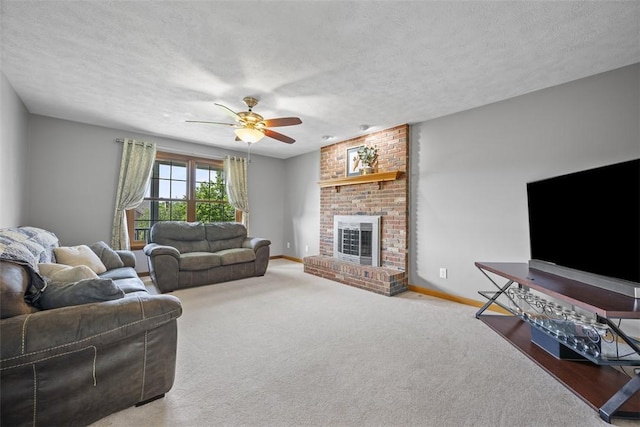 3004 Woodfield Dr, Hopewell Twp Bea, PA 15001 - living area featuring a ceiling fan, a brick fireplace, a textured ceiling, and carpet flooring