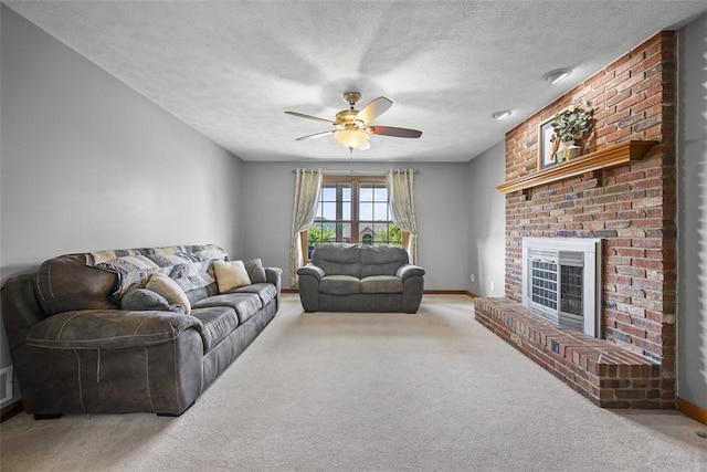 3004 Woodfield Dr, Hopewell Twp Bea, PA 15001 - living room with carpet floors, ceiling fan, a fireplace, and a textured ceiling