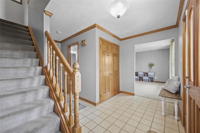 3004 Woodfield Dr, Hopewell Twp Bea, PA 15001 - foyer entrance with stairway, light carpet, light tile patterned floors, and crown molding