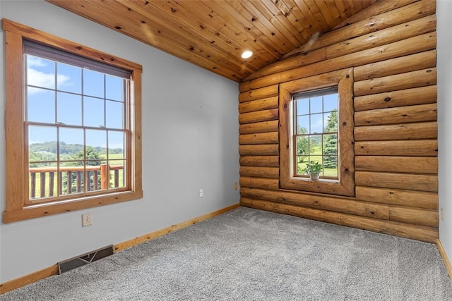 1155 Sarver Rd, South Buffalo Twp, PA 16055 - empty room with lofted ceiling, carpet flooring, wooden ceiling, rustic walls, and recessed lighting