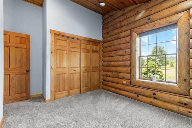 1155 Sarver Rd, South Buffalo Twp, PA 16055 - unfurnished bedroom featuring rustic walls, carpet floors, wooden ceiling, and recessed lighting
