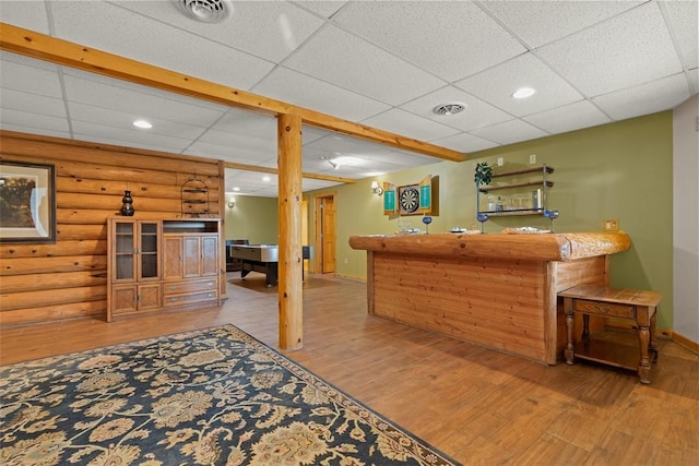 1155 Sarver Rd, South Buffalo Twp, PA 16055 - indoor dry bar featuring rustic walls, wood finished floors, a paneled ceiling, and recessed lighting