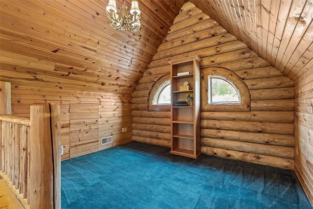 1155 Sarver Rd, South Buffalo Twp, PA 16055 - bonus room with log walls, lofted ceiling, wooden ceiling, a chandelier, and carpet