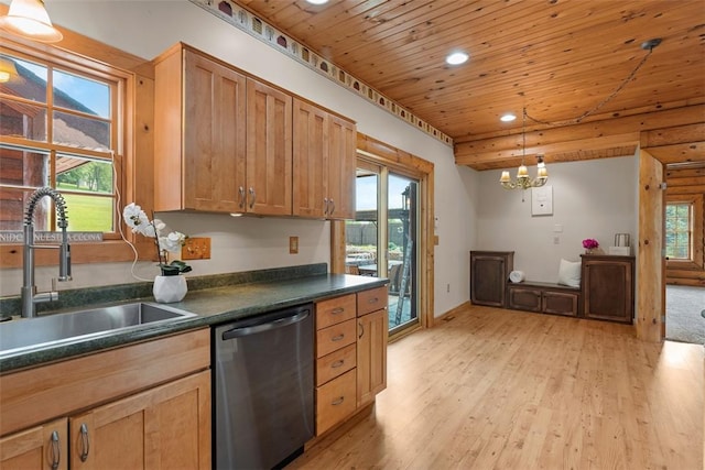 1155 Sarver Rd, South Buffalo Twp, PA 16055 - kitchen featuring dishwasher, light wood-style flooring, dark countertops, wooden ceiling, and recessed lighting