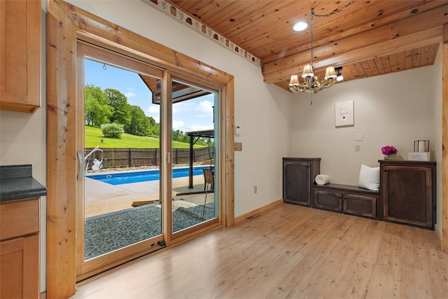 1155 Sarver Rd, South Buffalo Twp, PA 16055 - entryway featuring wood ceiling, light wood-style flooring, a chandelier, and recessed lighting