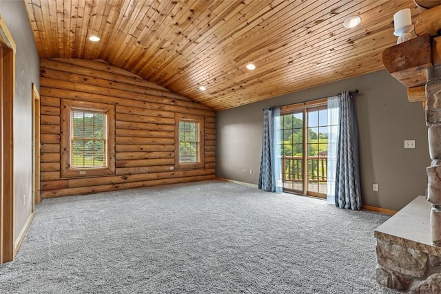 1155 Sarver Rd, South Buffalo Twp, PA 16055 - unfurnished living room featuring wooden ceiling, vaulted ceiling, rustic walls, recessed lighting, and carpet