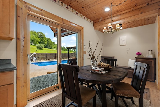 1155 Sarver Rd, South Buffalo Twp, PA 16055 - dining room with wooden ceiling, light wood finished floors, a chandelier, and recessed lighting