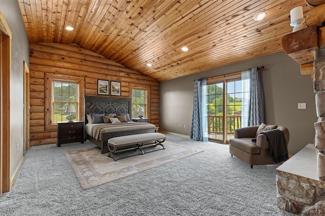 1155 Sarver Rd, South Buffalo Twp, PA 16055 - bedroom with wood ceiling, lofted ceiling, access to exterior, carpet floors, and multiple windows