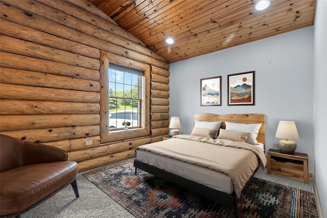 1155 Sarver Rd, South Buffalo Twp, PA 16055 - carpeted bedroom with wooden ceiling, log walls, vaulted ceiling, and recessed lighting