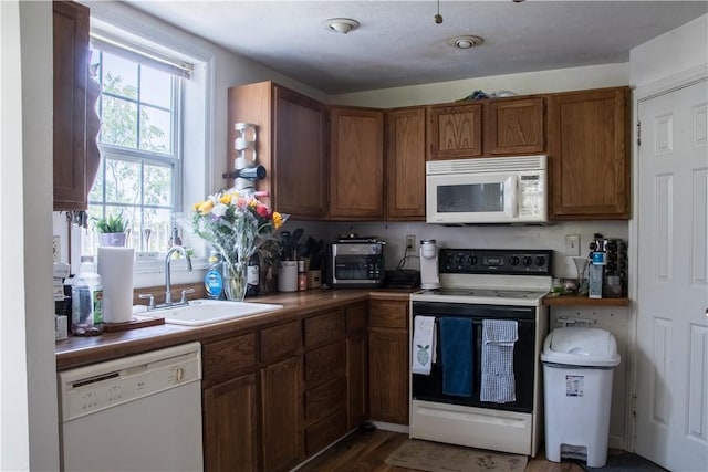 819 Toman Ave, Clairton, PA 15025 - kitchen with white appliances, plenty of natural light, brown cabinetry, and wood finished floors