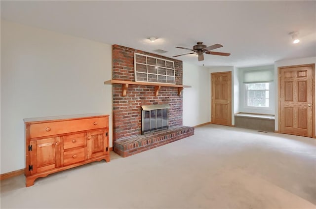 217 Baintree Rd, Moon/Crescent Twp, PA 15108 - unfurnished living room featuring a ceiling fan, a fireplace, and light colored carpet