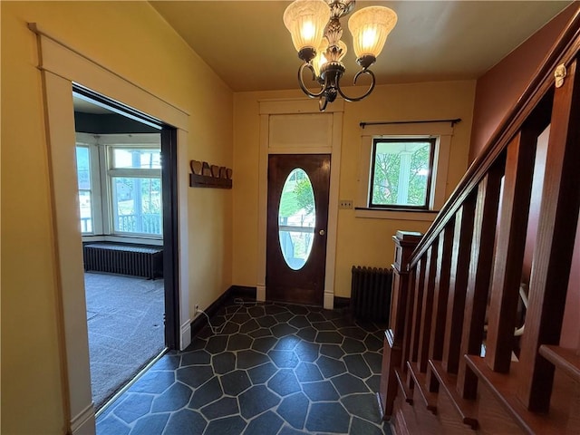 102 Bayard Ave, Dry Tav/Rices Landing, PA 15357 - foyer entrance with a chandelier, radiator, and stairway