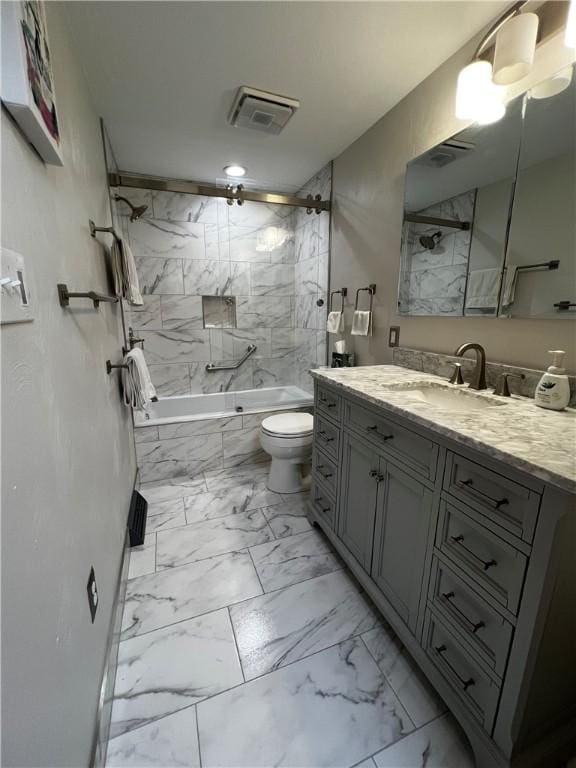516 Chestnut Ridge Rd, Amwell, PA 15301 - full bathroom featuring marble look tiles, a combined bath / shower with marble appearance, and vanity