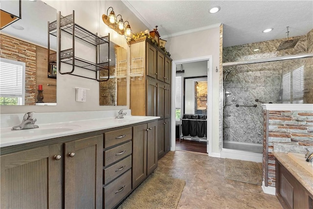 140 Jocelynn Ln, Smithfield, PA 15478 - bathroom featuring double vanity, a stall shower, crown molding, and a textured ceiling