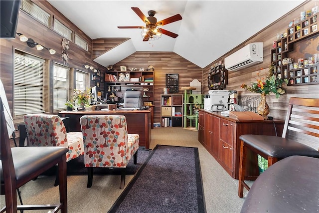 140 Jocelynn Ln, Smithfield, PA 15478 - carpeted office space with an AC wall unit, wood walls, ceiling fan, and lofted ceiling