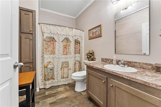 140 Jocelynn Ln, Smithfield, PA 15478 - full bathroom with ornamental molding, vanity, a textured ceiling, and a shower with curtain