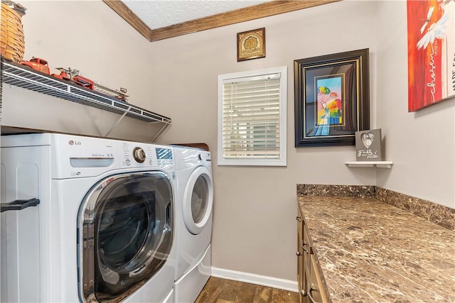140 Jocelynn Ln, Smithfield, PA 15478 - laundry area featuring crown molding, washing machine and dryer, and dark wood finished floors