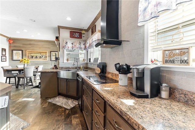 140 Jocelynn Ln, Smithfield, PA 15478 - kitchen with wall chimney range hood, black electric cooktop, recessed lighting, light stone counters, and stainless steel dishwasher
