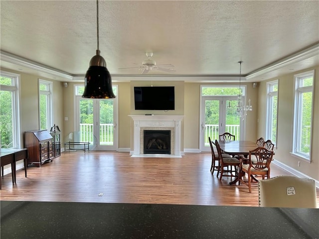 71 Armstrong Dr, Canton Twp, PA 15301 - living area with wood finished floors, healthy amount of natural light, a textured ceiling, a tray ceiling, and crown molding