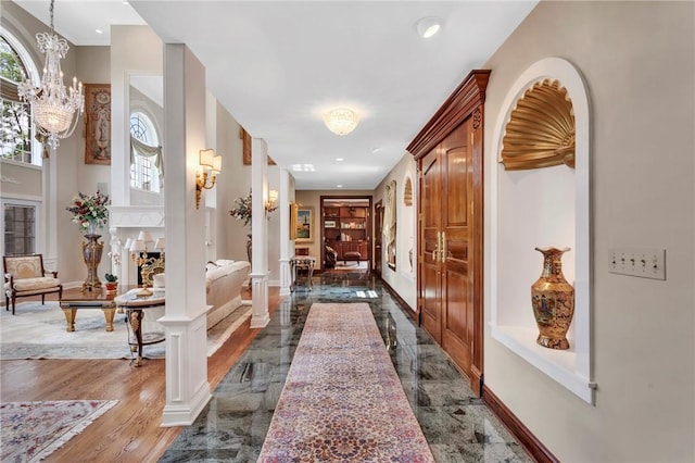 7023 Fair Oaks Dr, Export, PA 15632 - hallway featuring a chandelier, recessed lighting, and marble tiled flooring