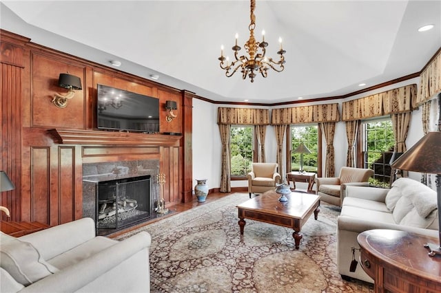 7023 Fair Oaks Dr, Export, PA 15632 - living room with a chandelier, a high end fireplace, recessed lighting, and lofted ceiling