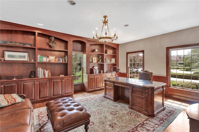 7023 Fair Oaks Dr, Export, PA 15632 - office featuring wainscoting, a chandelier, light wood-style flooring, and recessed lighting