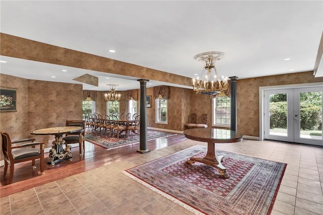 7023 Fair Oaks Dr, Export, PA 15632 - dining space with a chandelier, tile patterned floors, french doors, ornate columns, and recessed lighting