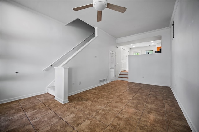 47 S 16th St, South Side, PA 15203 - unfurnished living room with stairway, ceiling fan, and crown molding