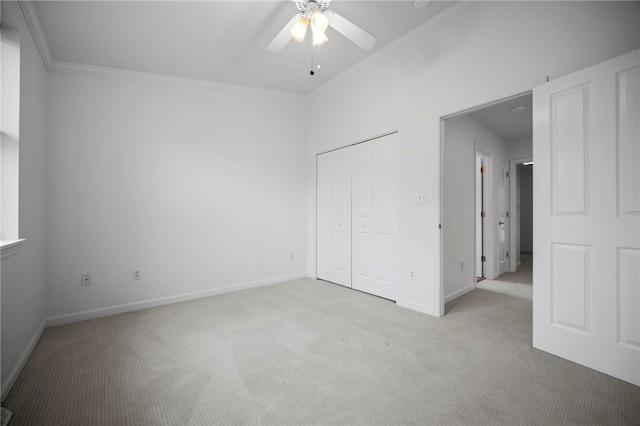 47 S 16th St, South Side, PA 15203 - unfurnished bedroom with ornamental molding, light colored carpet, a closet, and a ceiling fan