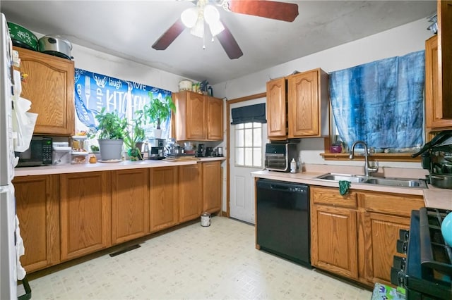 324 Linden Ave, Sharpsburg, PA 15215 - kitchen featuring black appliances, ceiling fan, light countertops, and brown cabinetry