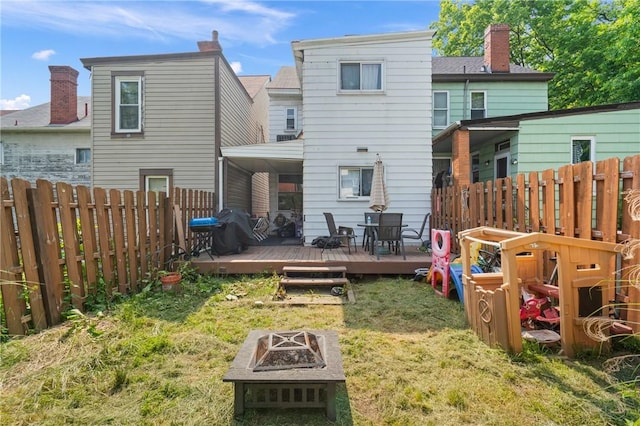 324 Linden Ave, Sharpsburg, PA 15215 - back of property featuring a fire pit, a fenced backyard, a deck, and a chimney