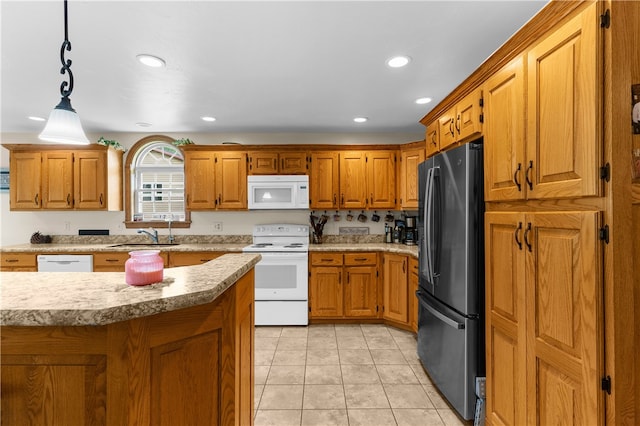 840 Sunol Rd, Deer Creek, PA 16314 - kitchen with white appliances, brown cabinetry, light countertops, pendant lighting, and light tile patterned floors