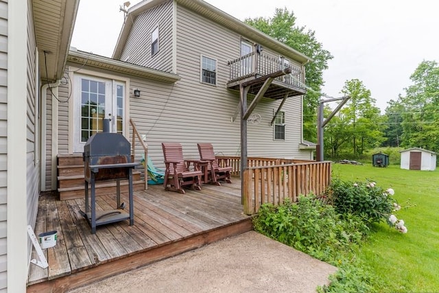 840 Sunol Rd, Deer Creek, PA 16314 - wooden terrace with a grill, a yard, and a storage shed