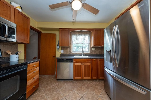 3037 Churchview, Baldwin Boro, PA 15227 - kitchen featuring appliances with stainless steel finishes, dark countertops, brown cabinetry, and backsplash