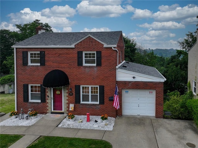 3037 Churchview, Baldwin Boro, PA 15227 - view of front of house with a garage, a chimney, brick siding, and roof with shingles