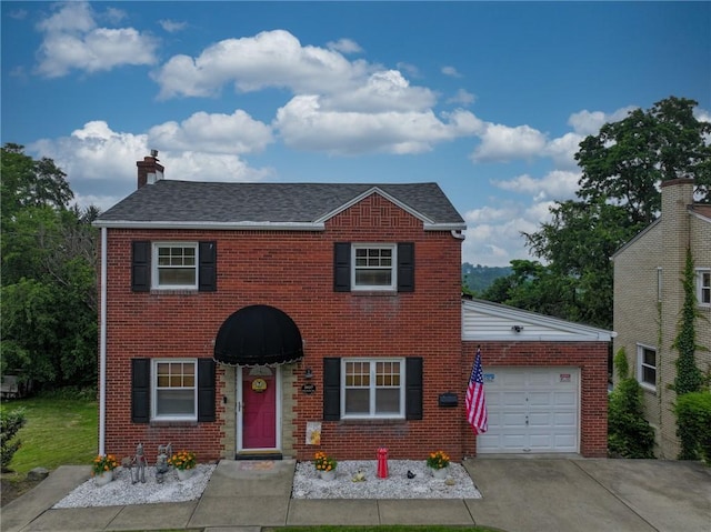 3037 Churchview, Baldwin Boro, PA 15227 - view of front of home with an attached garage, a chimney, brick siding, driveway, and a shingled roof
